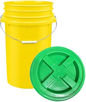House Naturals Plastic Food Grade Made in USA Bucket with lid, Large 7 Gallon Container with Screw On Lid 1, Yellow with Green lid