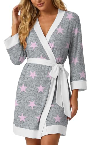 Image of PrinStory Womens Robe Knit Kimono Bathrobe Lightweight Soft Sleepwear Knee Length Lounge Robes