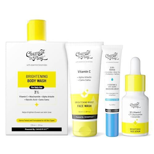 Image of Chemist at Play 30x Vitamin C Face Wash, Brightening Body Wash, 10% Vitamin C Face Serum & Under Eye Cream Combo | Fades Dark Spots, Brightens & Reduces Dark Circles | 100ml + 236ml + 10ml + 15g