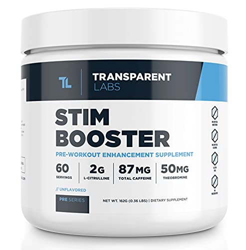 Transparent Labs Stimulant Booster Pre Workout,No Tingling,Contains Anhydrous Caffeine,L-Citrulline,and Theobromine,Gluten-Free,Non-GMO,No Sweeteners,Unflavored-60 Servings,STIM-BOOSTER