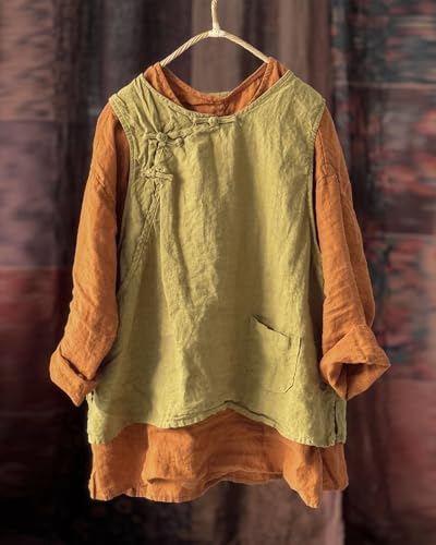 Women\'s Linen Vest Round Neck Chinese Plate Button Short Sleeveless Loose Solid Color Top with Patch Pocket (US, Alpha, One Size, Regular, Regular, Light Green)