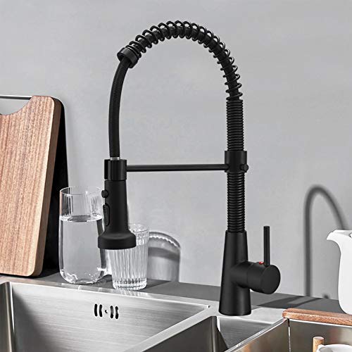 Hoimpro Solid Brass Matte Black Kitchen Faucet with Pull Down Sprayer, Rv Cabinet Paint Black Spring Kitchen Sink Faucet , 3 Function High Arc Single Handle Laundry Faucet (1 or 3 Hole)