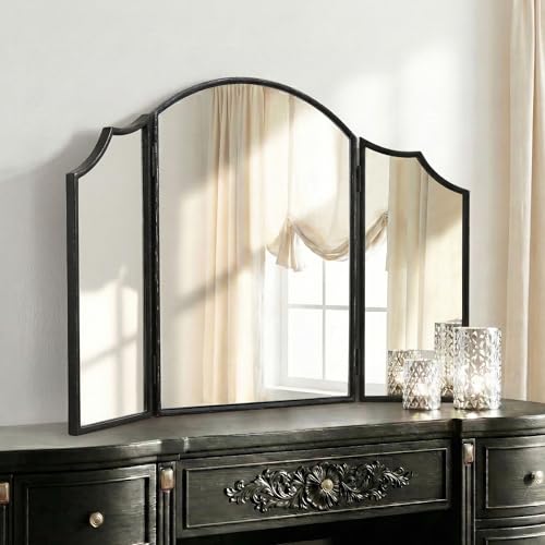 Besdomus Black Scalloped Dresser Mirror: 36"x24" Large Modern 3 Way Trifold Vanity Miror - Minimalist Wood Frame Three Sided for Bedroom/Cloakroom/Dressing Room - Home Decor for Housewife
