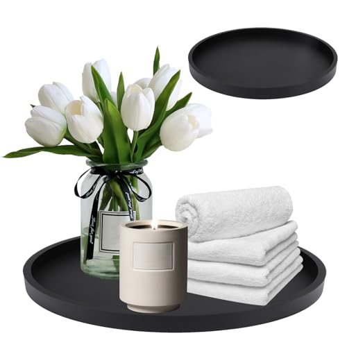 Bandeja de baño de silicona negra bandejas de almacenamiento para cuarto de baño, bandeja de toalla, para sala de estar, dormitorio, lavabo, bañera y fregadero de cocina, redonda, 23 cm (Negro)