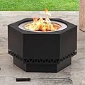 Sunjoy Fire Pit Smokeless 26 in. Hexagonal Outdoor Fire Pit, Patio Wood Burning Smokeless Firepit w/PVC Cover and Fire Poker, Ideal for Camping, Bonfire, and Backyard, Black