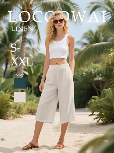 2 Pack Women's Linen Capri Pants Wide Leg Cropped Palazzo Trousers with Pockets High Waist Beach Summer Casual Pants(Flaxen, Haze Blue,X-Large)3