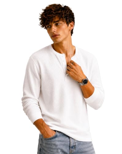 Image of AUSK Men's Waffle Knit Henley T-Shirt | Cotton Blend Full Sleeve Textured Casual T Shirt | Regular Fit Button Placket Round Neck Tshirt for Men