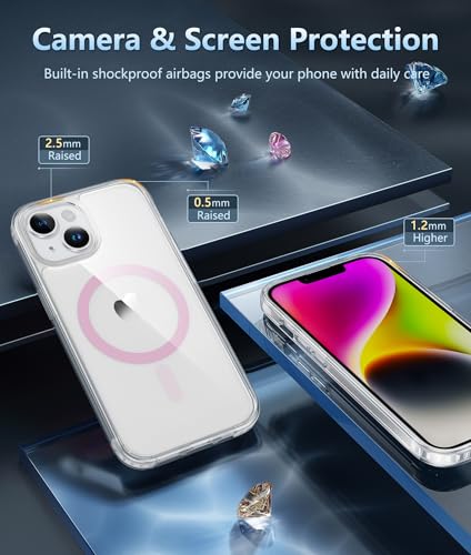 Image of FNTCASE for iPhone 14 Plus Case: Clear Magnetic Phone Cases Compatible with Magsafe Slim Anti Yellowing Military Grade Drop Protection Rugged Protective Transparent Cell Phone Cover (C-A Pink)