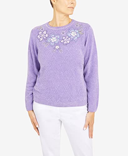 Alfred Dunner Women's Womens Crewneck Long Sleeve Floral Chenille Sweater Size M Lilac #TOP5