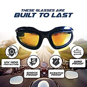 Motorcycle Riding Glasses Kit: 4 Easy Swap Lens Colors (Clear, Tinted, Yellow, Polarized) Plus Hard Case, Microfiber Cleaning Cloth, Pouch, And Strap For 9 Total Motorcycle Accessories. By Get Lost #TOP2
