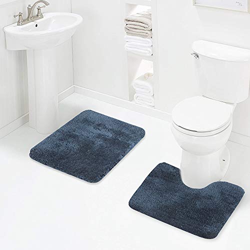 Walensee Shaggy 2 Piece Bath Rug Sets (Navy Blue) 20 x 24 U Shape Contour Rug & 20 x 32 Bathroom Rug Machine Wash/Dry Bath Mats for Bathroom Plush Absorbent Bathroom Rugs and Mats Set Non Slip