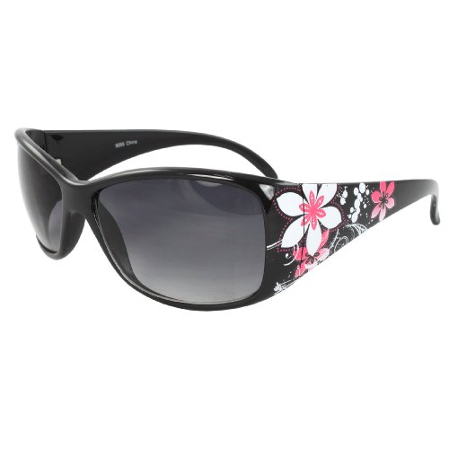 MLC EYEWEAR Rectangle Fashion Sunglasses Black Base With Elegant Pink Hawaiian Flower Design