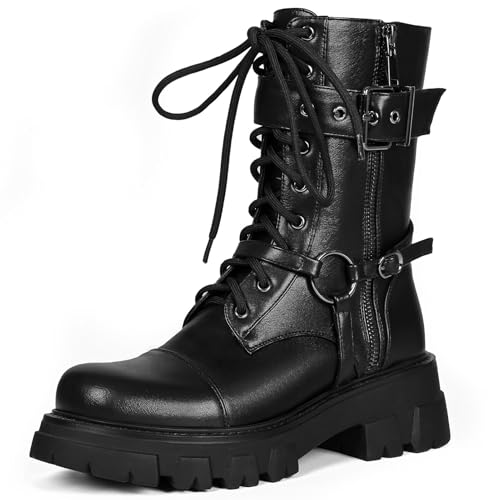 ElegaStep Women Harness Motorcycle Biker Boots Steampunk Combat Boots Chunky Goth Boots Mid Calf Boots Lug Sole Lace Up Side Zipper Black US 8