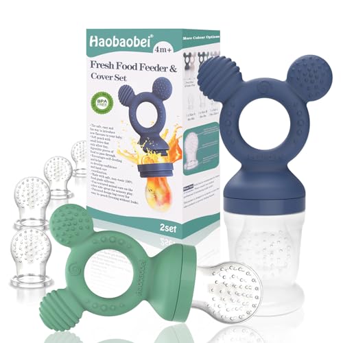 Image of HAOBAOBEI Baby Fruit Feeder, Frozen Teething Toys for Babies, Baby Teether Pacifier with 4 Extra Teats, Baby Eating Essentials, BPA Free Baby Feeding Supplies - 2-Pack (Blue Green)