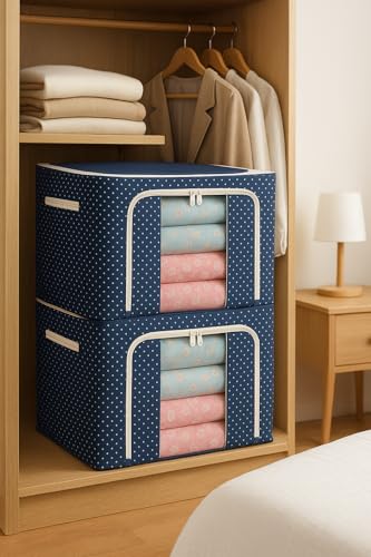 Image of Storage Box and Organiser for Clothes | Cloth Organizer for Storage | Clothes Wardrobe Organizer for Storage | Fits in Small Closet & Room Corner | 24 Ltr Set of 3, Blue Polka