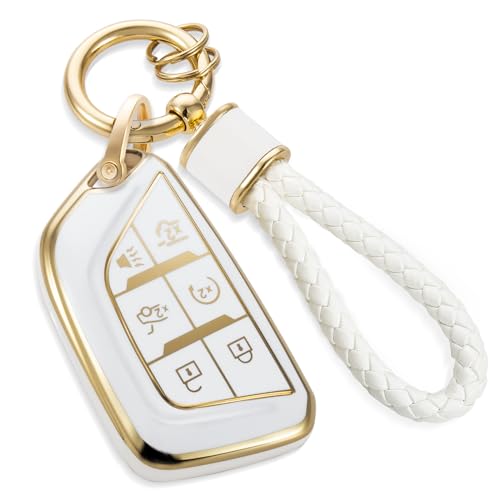 Image of for Cadillac Key Fob Cover with Metal Braided Rope Keychain, Upgraded Soft Case for 2020-Up CT4 CT5 CT6 XTS XT4 XT5 ATS etc.(6 Buttons) Fob Shell (Gold Edge, B2)