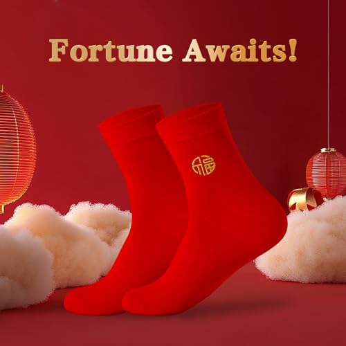 Men's Red Socks Crew Sports Casual Calf Socks, New Year Socks,Size 6-10 or 11-14,Red Embroidery (Fu) (6 Prs)2