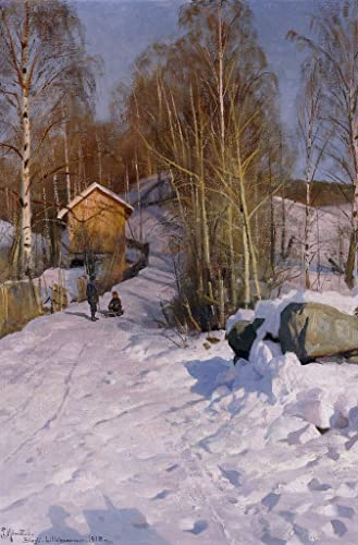 Affiche toile paysage d'hiver et enfants en luge pour réchauffer le décor du salon