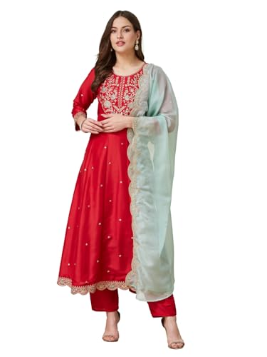 Image of MOKOSH Women's Silk Embroidered Anarkali Kurta And Pant With Dupatta Set