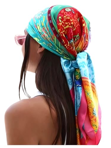 Women's Satin Square Scarf Boho Graphic Shawls Wraps Headband Bandana