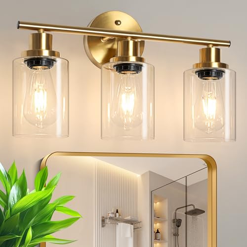 Image of Unicozin Modern Bathroom Light Fixtures, 3 Light Vanity Lights, Gold Wall Lamp with Clear Glass for Bathroom, Mirror, Living Room, Bedroom, Hallway, E26 Base