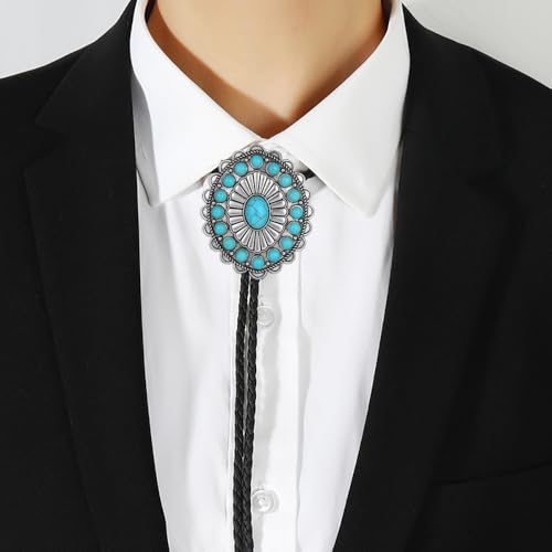 Image of AZORA Western Cowboy Bolo Tie Men Leather Necktie Leather Cord Turquoise Stone Bolo Ties for Men Women
