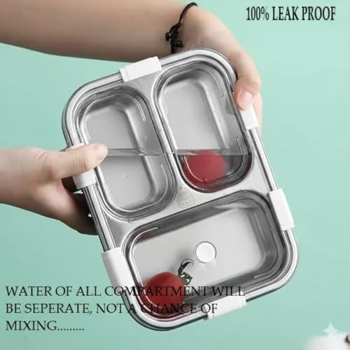 Image of Sanghariyat 3 Compartment Lunch Box Insulated Air Tight and Portable Utensils, Stainless Steel 100% Leak Proof with a Fork, a Spoon and a Pair of Chopsticks for School Kids -750Ml (Silver)