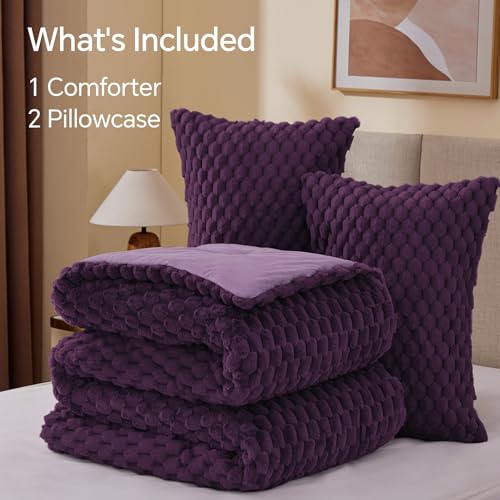 Image of BEDELITE Fluffy King Size Comforter Set - Purple Fleece Soft Comforter for King Size Bed, Luxury Warm Bedding Set for Winter, Fuzzy Bed Set 3 Pieces (1 Comforter, 2 Pillowcases)