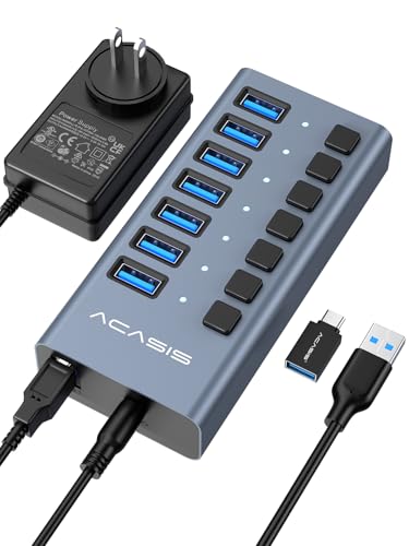 Powered USB 3.2 Hub ACASIS 7 Ports USB 3.2 Hub with 10Gbps Data Speed Aluminum Housing USB Hub Powered with 24W Power Adapter USB Hub for PC/Laptop Computer Flash Drive Printer Camera