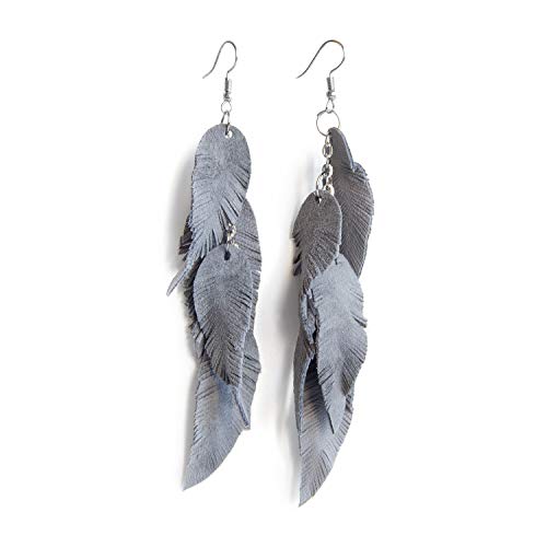 Grey suede suede Leather Feathers Earrings for Women, Long Layered Boho Dangle Earrings with Chain, Lightweight Tribal Statement Jewelry, Handmade Gift