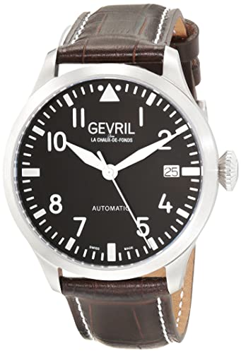Gevril 43500-03 Men's Vaughan Swiss Automatic Watch, Genuine Italian Dark Brown/White Stitching Leather Strap