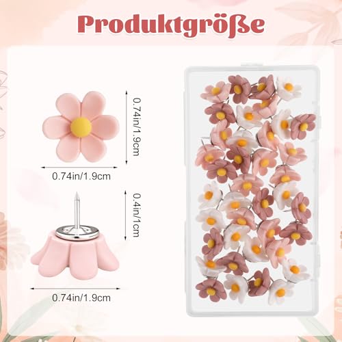 40 Stück Pinnadeln Blumen, Reißzwecken Heftzwecken mit Aufbewahrungsbox Dekorative Stecknadeln Reißnägel für Fotos Korkplatte Pinnwand