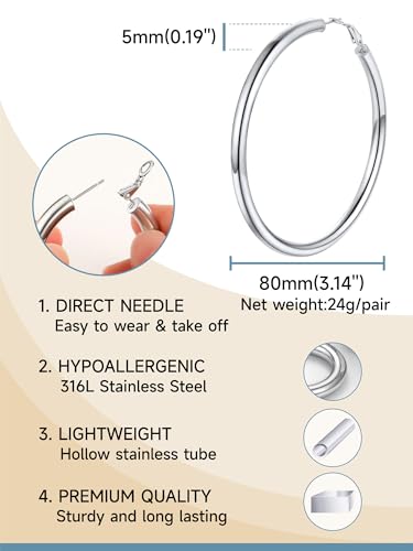 Image of Stainless Steel Chunky Hoop Earrings For Women, Minimalist and Chic, Black /Gold Plated, Round Hoops Earrings Hypoallergenic, Size: 30mm /40mm /60mm /80mm, Come with Box