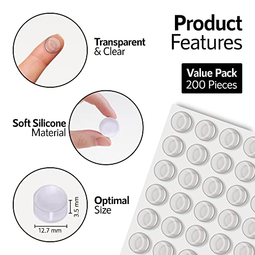 Dampone Cabinet Door Bumpers 1/2" Diameter 200 Pcs Self Adhesive Sound Dampening Clear Bumper Pads For Drawers, Table Tops, Cupboard, Picture Frames, Glassware And Furniture (Cylindrical) #TOP1