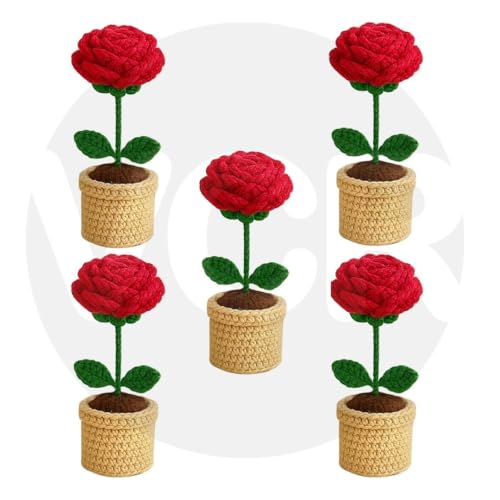 Image of VCR Handmade Crochet Red Rose Pot - Pack of 5 - Hand Woven Knitted Artificial Red Rose Pot Hand Knitted Flower for Office Desk, Table, Car, Bedroom, Wedding & Special Occasions