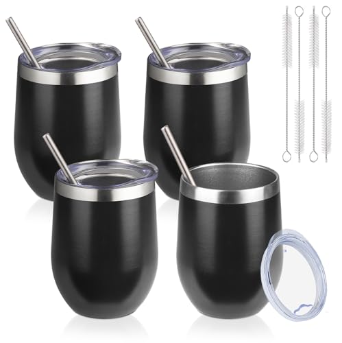 DIW sojourn life 12oz/4 Pack Wine Tumbler with lid, Stainless Steel Travel Mugs Stemless Double Wall...