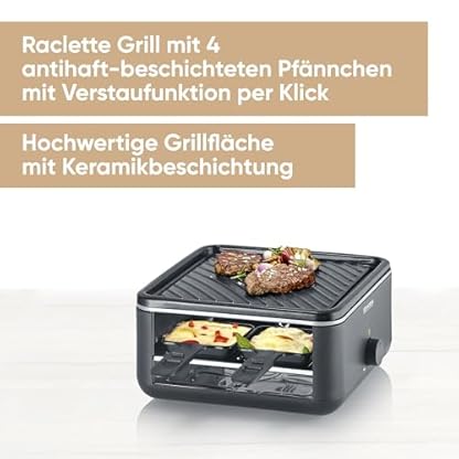 SEVERIN Mini Raclette-Grill für 4 Personen, kleines Raclette mit antihaftbeschichteter Grillplatte, Extra Tiefe Pfännchen, Kompakter Tischgrill, 600W Leistung, Black Line, RG 2360 – Bild 3
