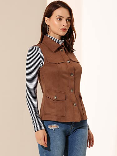 Allegra K Women's Faux Suede Vest Utility Buttoned Sleeveless Jacket With Cargo Pocket Small Brown #TOP3