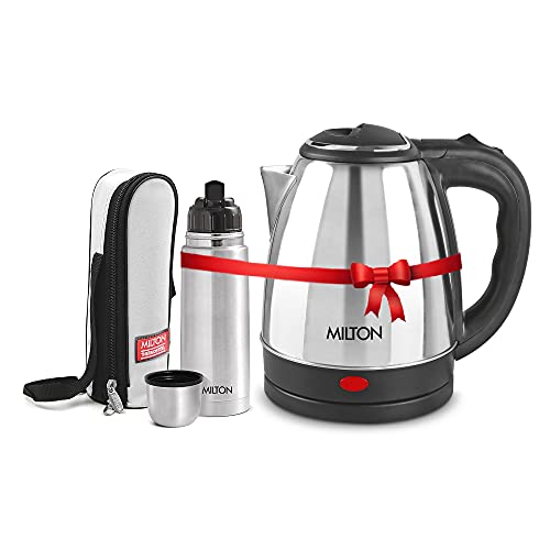 Image of Milton Euroline Combo Set Go Electro Stainless Steel Electric Kettle, 1.5 Litres, Silver and Flip Lid Thermosteel Hot or Cold Stainless Steel Water Bottle with Jacket, 350 ml, Silver