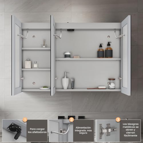 Miniatura 3 de Sirhona - Armario De Baño Con Iluminación Led, 90 X 60 X 12,5 Cm, Espejo De Cuarto De Baño Con 3 Colores Luz, Regulable, Zócalo, Armario De Almacenamiento 3 Puertas, Gris Marroquí