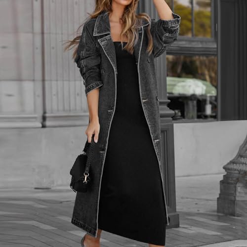 Women's Double Breasted Duster Trench Coat Women's Vintage Midi Long Jean Jacket Loose Fit Casual Loose Fit3