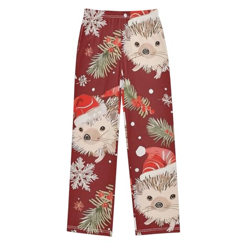 ZZXXB Xmas Hedgehog Pine Branches Boys Long Pants Soft Trousers Elastic Waist Kids Lounge Bottoms with Pockets S-XL