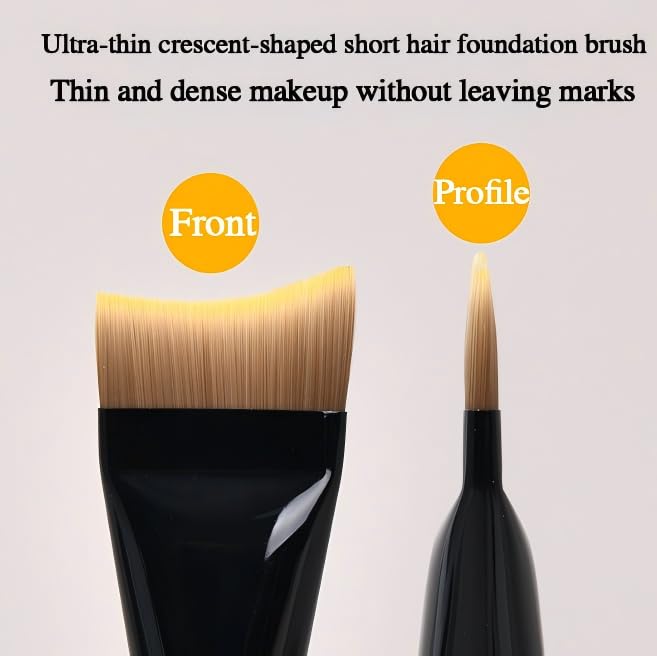 Foundation Brush, Crescent-Shaped Flat Top, Ultra-Thin Short Hair Bristles, Black Handle, Non-Dirty Hand Design