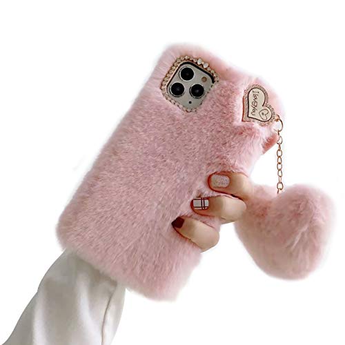 Shinyzone Compatible with Samsung Galaxy A12 Case with Plush Ball,Fuzzy Fluffy Soft Warm Love Hairball Pendant Faux Rabbit Fur Case TPU Back Cover with Chic Bow-Knot,Pink