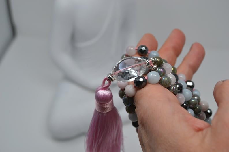 Naturalny labradoryt, akwamaryn, kunzyt, hematyt 8 mm-5 x 2 mm, 108 koralików mala, duchowe, koraliki do medytacji, Reiki, Japa Mala, buddyjskie koraliki modlitewne, bransoletka do jogi, koraliki