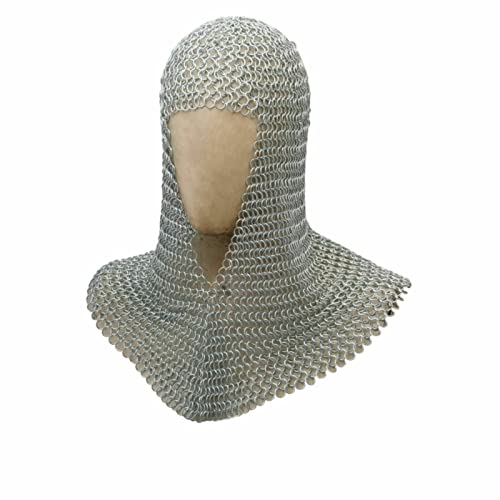 Image of AnNafi Chainmail Coif | Medieval Reenactment Armor Costume | U-Neck Aluminum Chain Mail Hood Armor Replica | Butted Rings Chain Mail Coif Silver | Wearable for Adult | Armour SCA LARP Replica