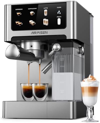 AIRMSEN Machine à Espresso 20 Bar – Cappuccino & Latte Cafetière, Machine a Cafe Double Chaudière (1350W & 1000W), Extraction en 15s, Acier Inoxydable, Amovible Réservoir d'Eau 1,8L, Écran Tactile