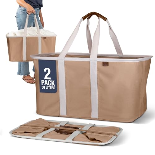 Image of CleverMade Collapsible Laundry Tote 2-Pack (50L) - Foldable Carry-All Storage Bin for Laundry, Car Trunk, RV, Dorm & Home Organization - LUXE Cotton Blend with Vegan Leather Accents, Mocha