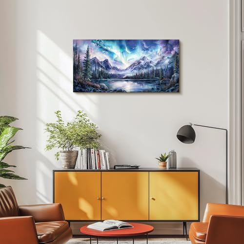 SERIMINO Aurora Landscape Large Wall Art, Mountain Forest Lake Nature Decor Art Prints, Fantasy Nightscape Artwork for Walls, Moonlit Night Canvas Art Wall Decor Living Room Bedroom Office 20"X40"