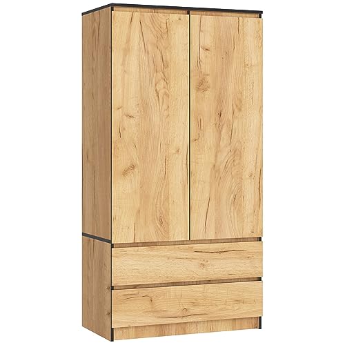 AKORD Armoire 2 Portes | Armoir Chambre 2 Tiroirs avec Etagères et Une Tringle | 90x180x51 cm | Panneau Stratifié 16mm | Armoire sans Penderie Chambre | Dressing...